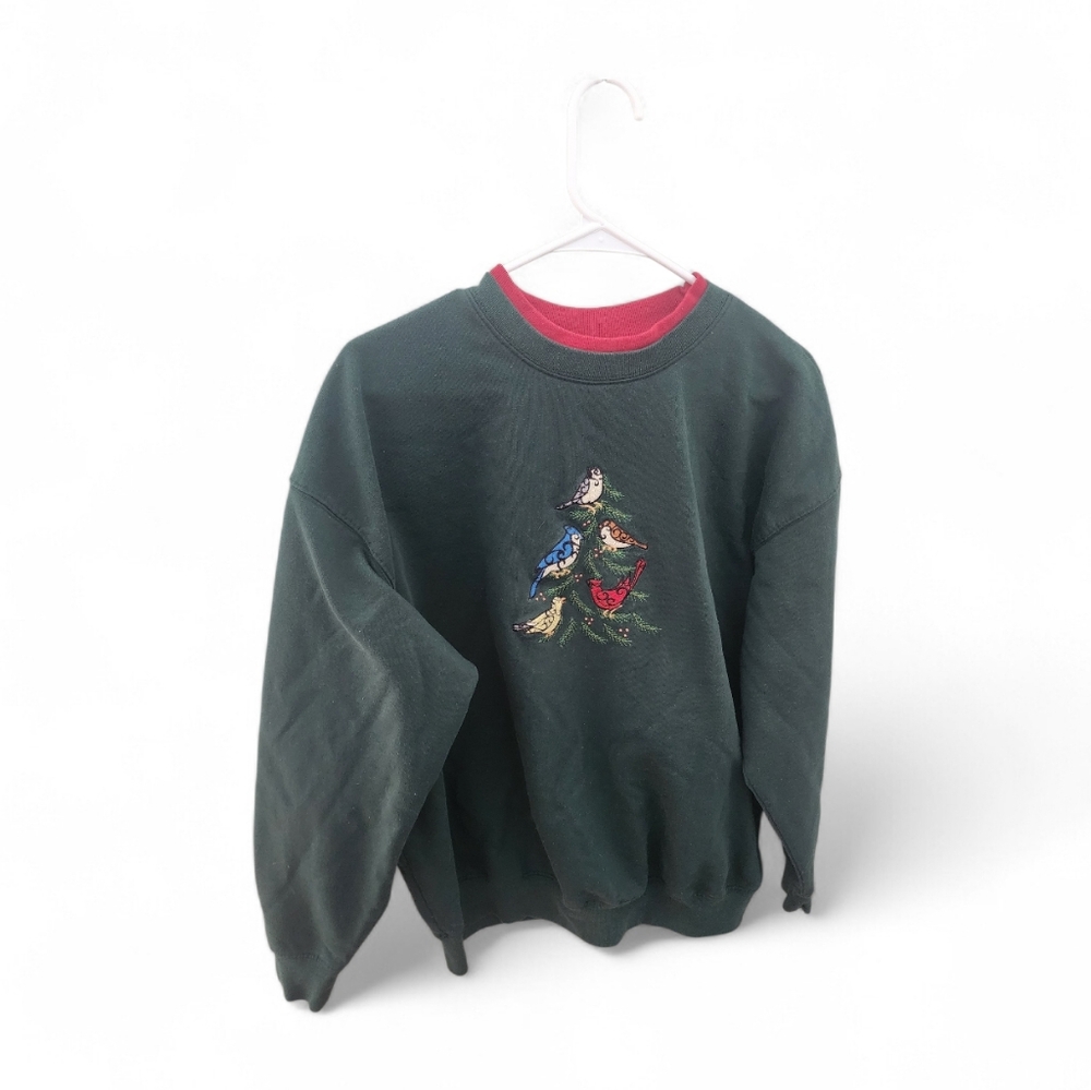 Vintage 90s Double Collar Green Sweatshirt with Bird Embroidery - XL